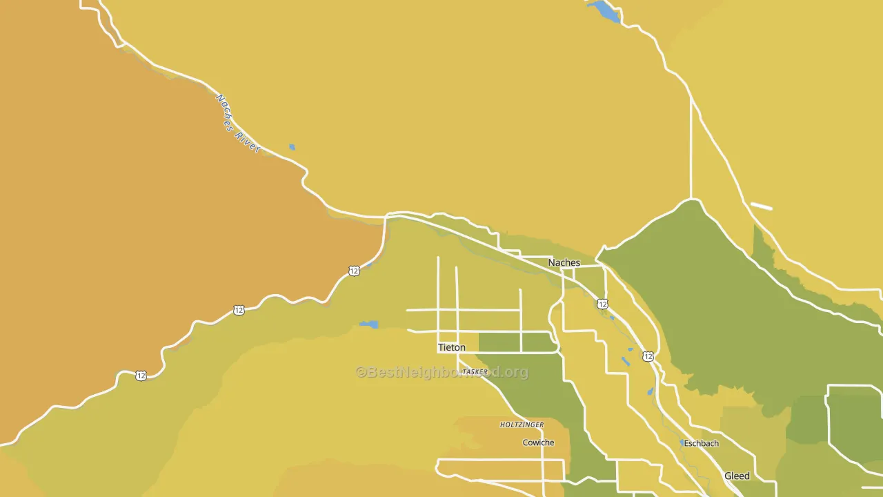 Map of the best neighborhoods in the 98937 area, with better matches in green and worse matches in red