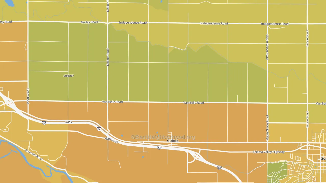 Map of the best neighborhoods in the 98938 area, with better matches in green and worse matches in red