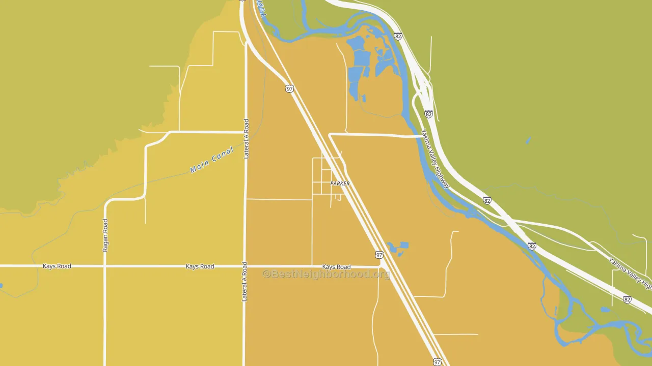 Map of the best neighborhoods in the 98939 area, with better matches in green and worse matches in red