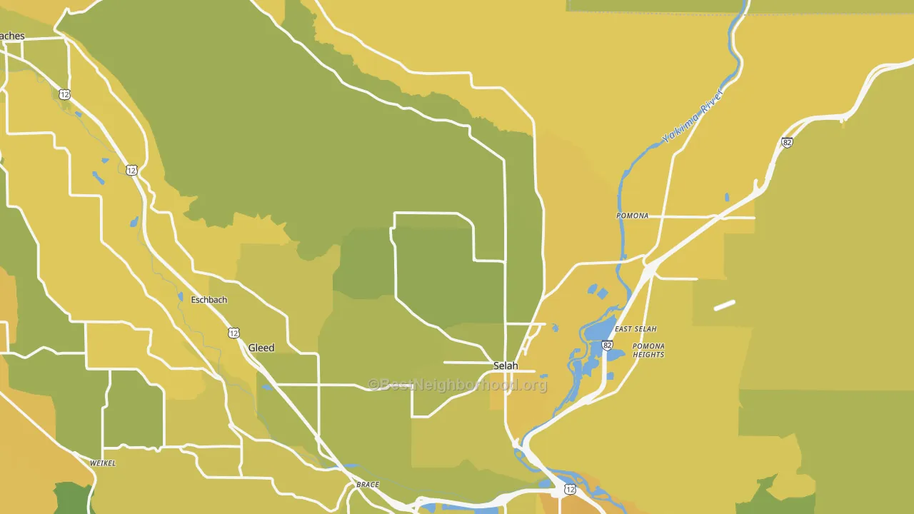 Map of the best neighborhoods in the 98942 area, with better matches in green and worse matches in red