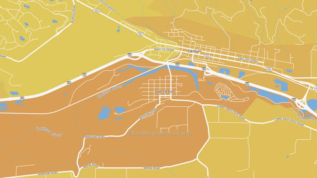 Map of the best neighborhoods in the 98943 area, with better matches in green and worse matches in red
