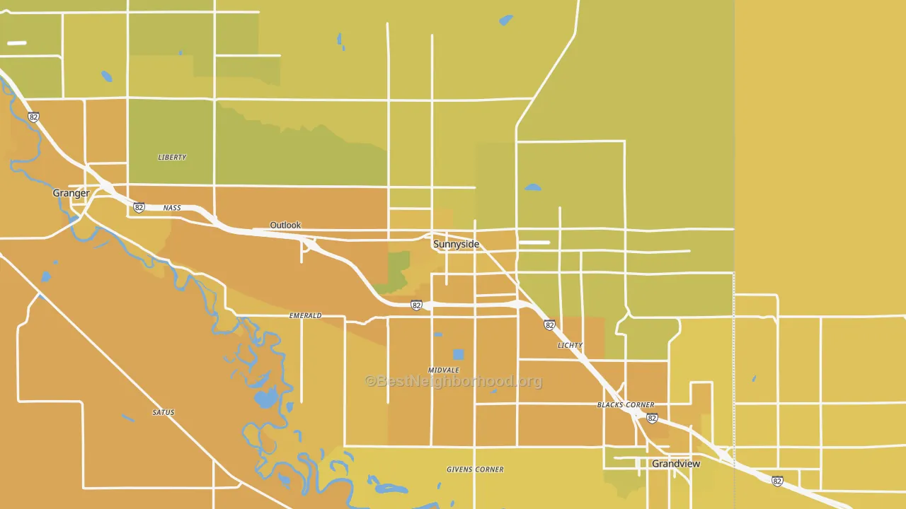 Map of the best neighborhoods in the 98944 area, with better matches in green and worse matches in red