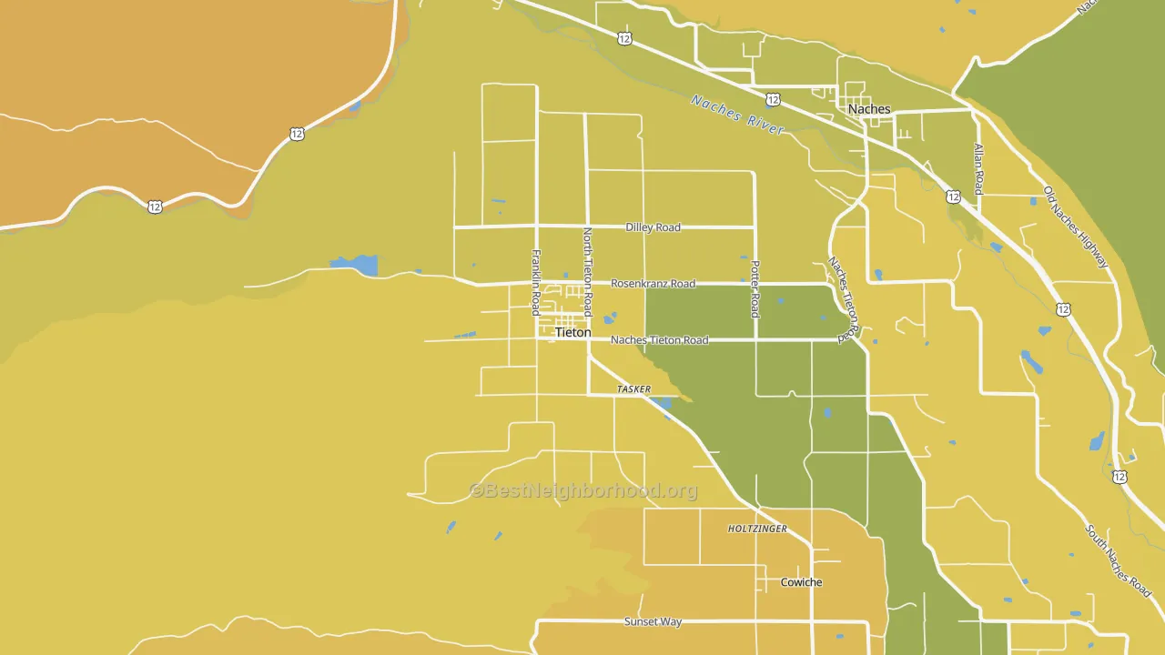 Map of the best neighborhoods in the 98947 area, with better matches in green and worse matches in red