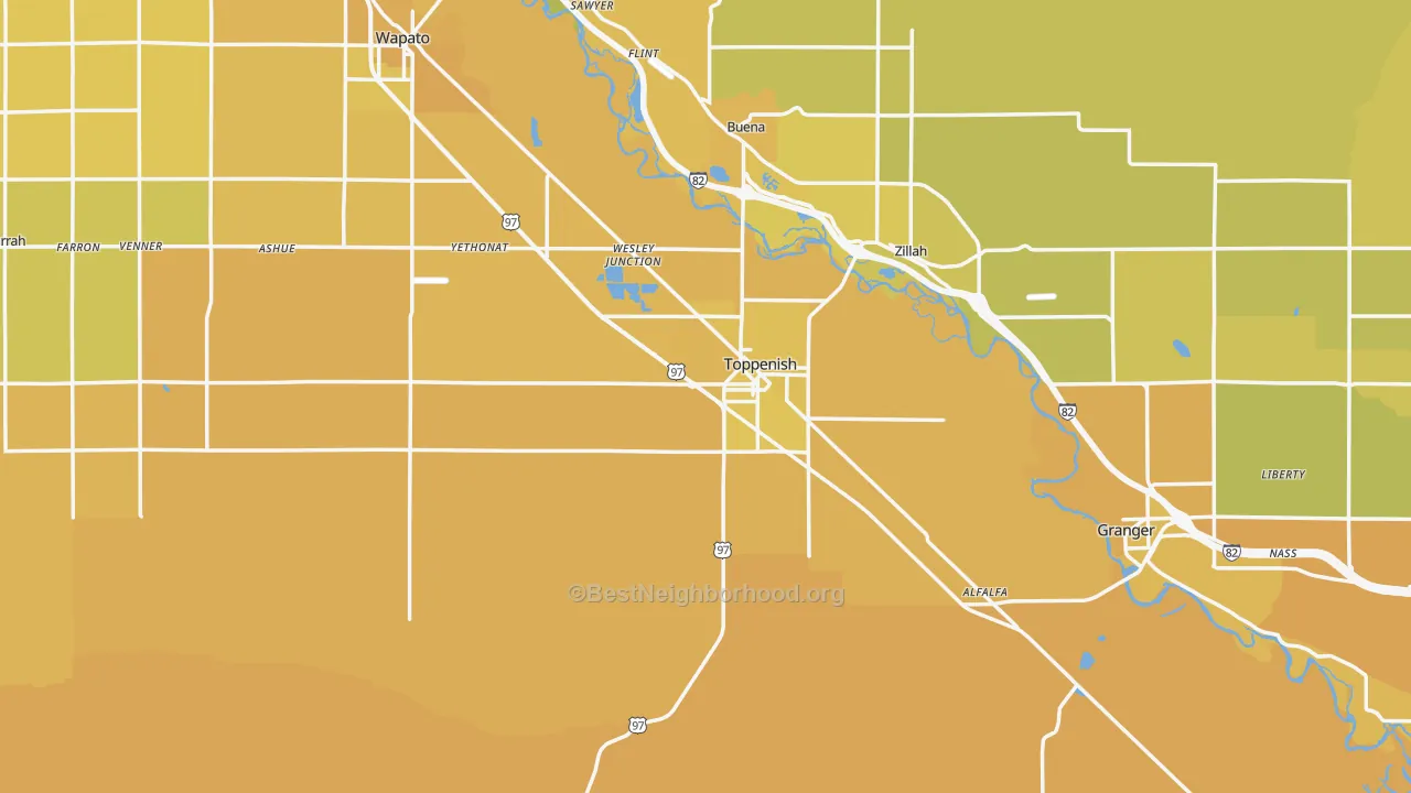 Map of the best neighborhoods in the 98948 area, with better matches in green and worse matches in red