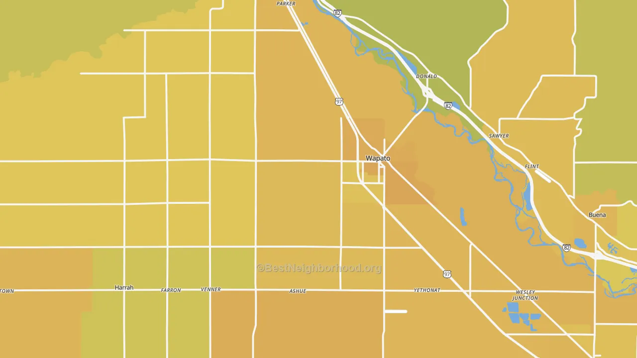Map of the best neighborhoods in the 98951 area, with better matches in green and worse matches in red
