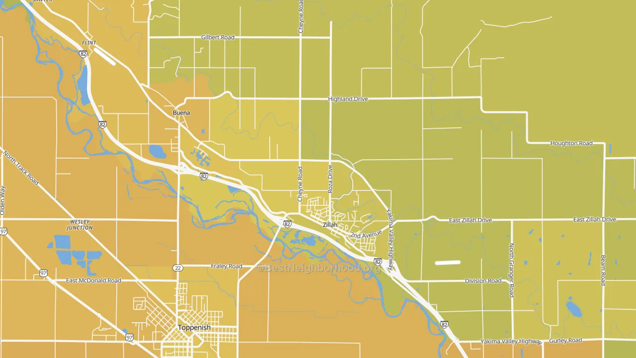 Map of the best neighborhoods in the 98953 area, with better matches in green and worse matches in red