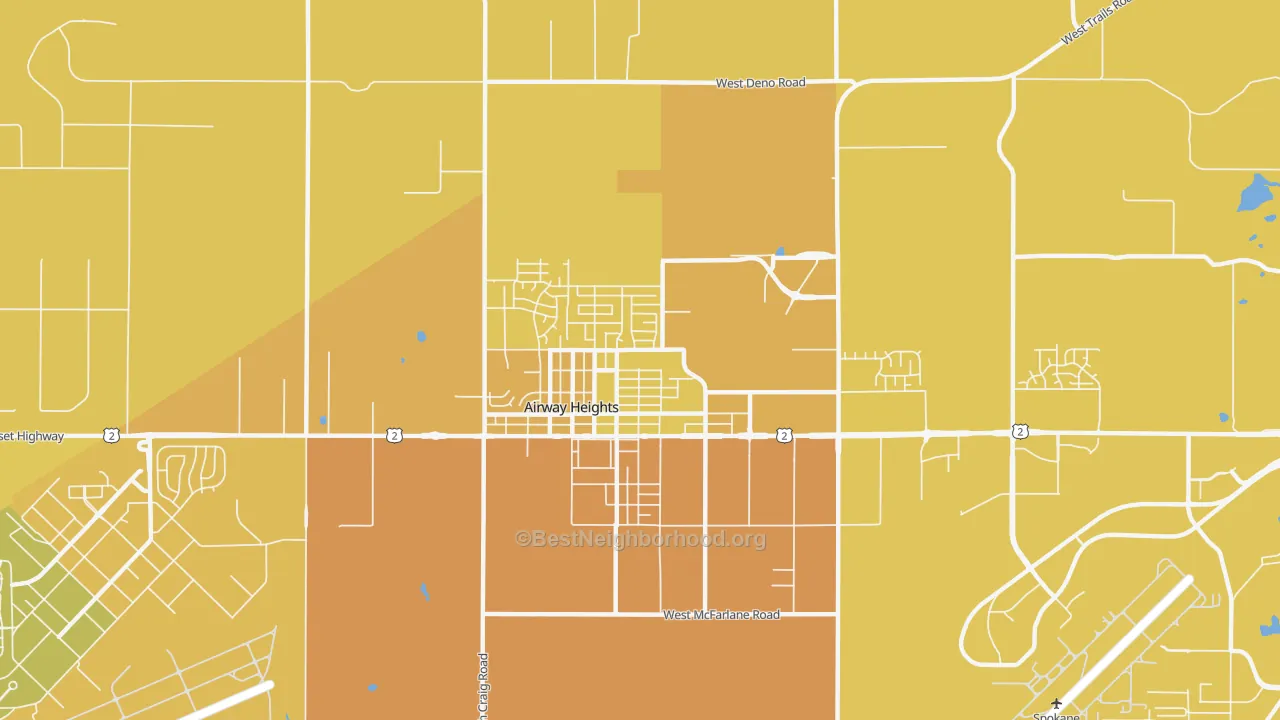 Map of the best neighborhoods in the 99001 area, with better matches in green and worse matches in red