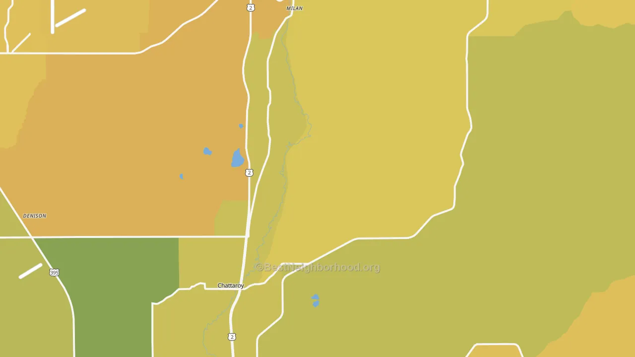 Map of the best neighborhoods in the 99003 area, with better matches in green and worse matches in red