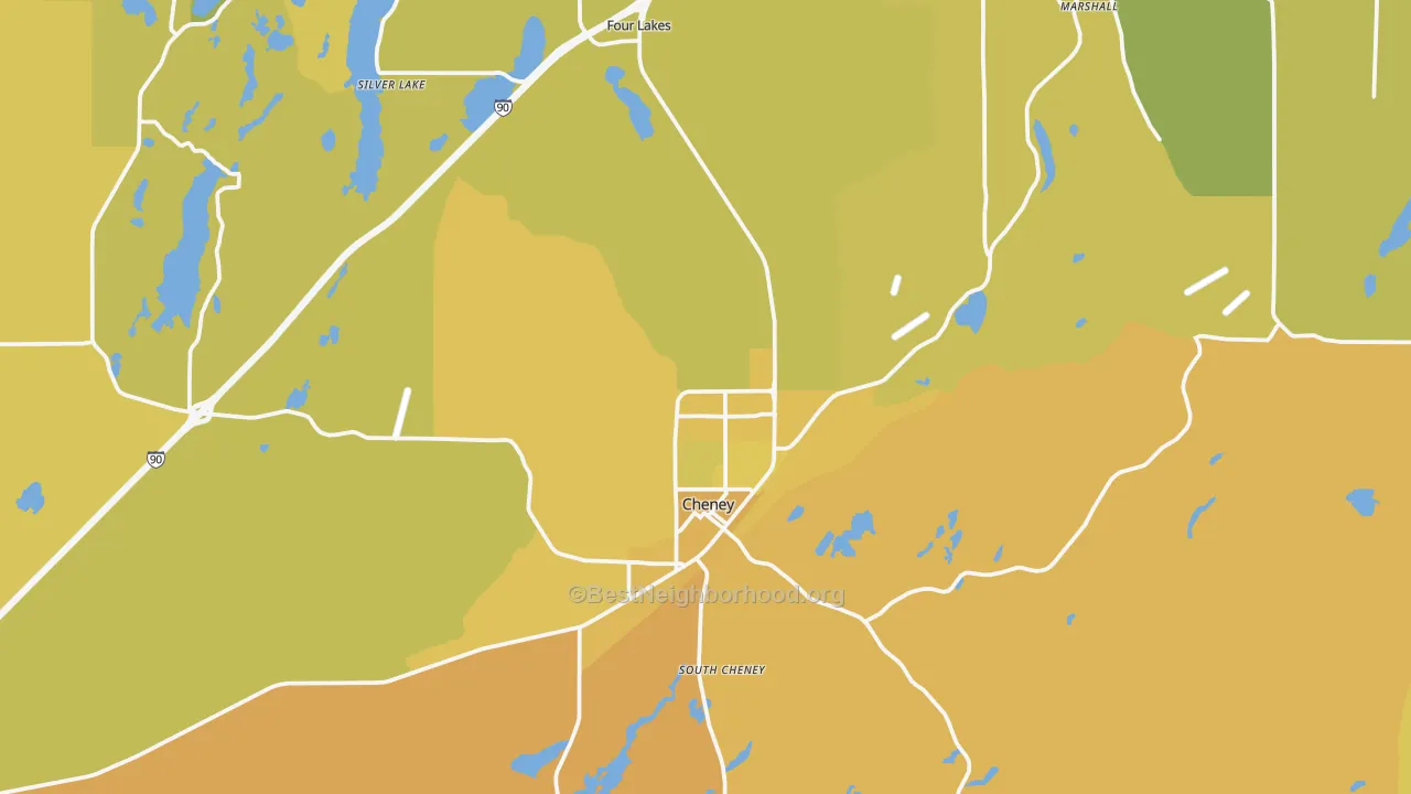 Map of the best neighborhoods in the 99004 area, with better matches in green and worse matches in red