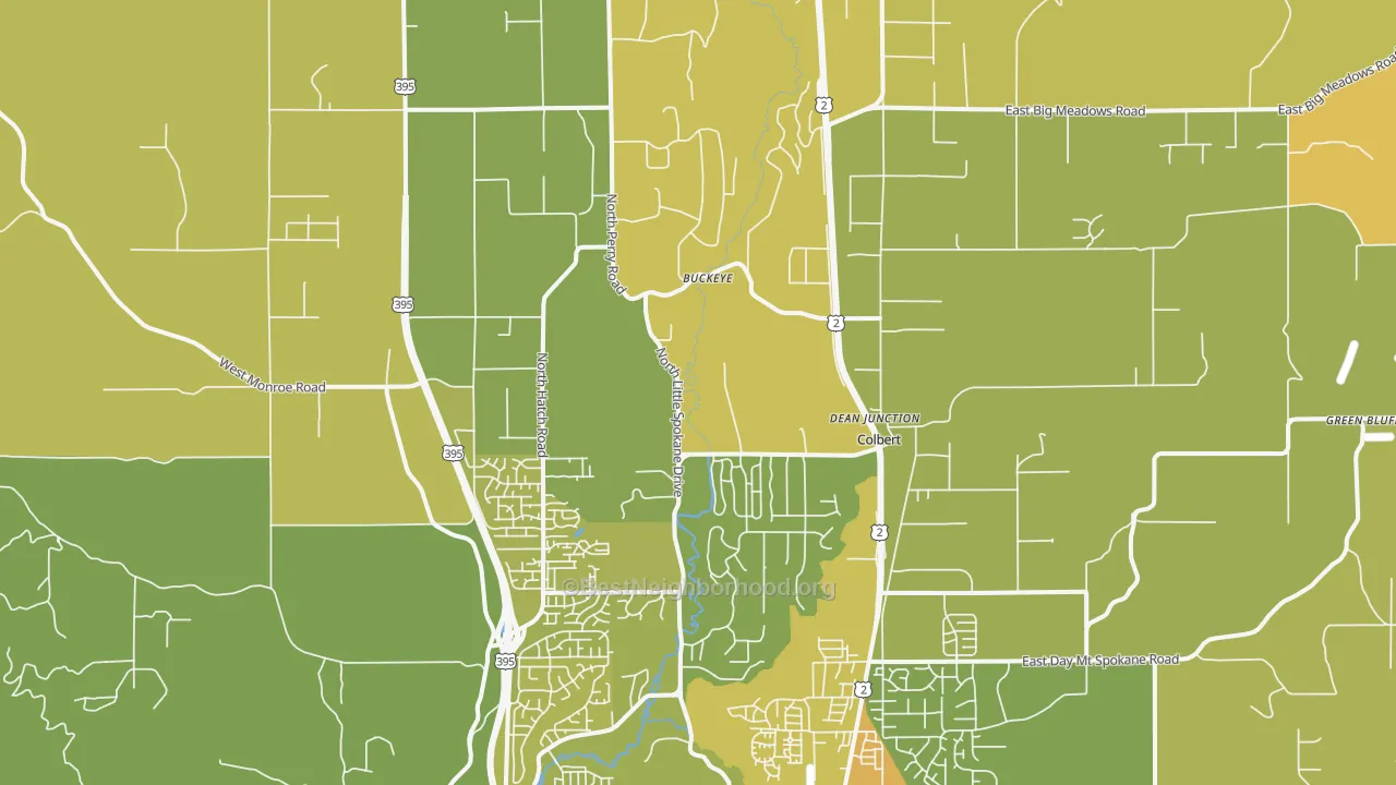 Map of the best neighborhoods in the 99005 area, with better matches in green and worse matches in red