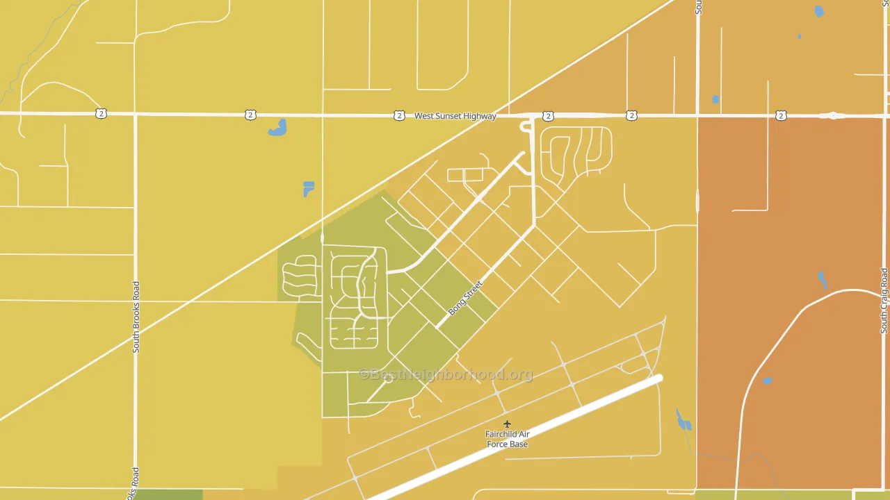 Map of the best neighborhoods in the 99011 area, with better matches in green and worse matches in red