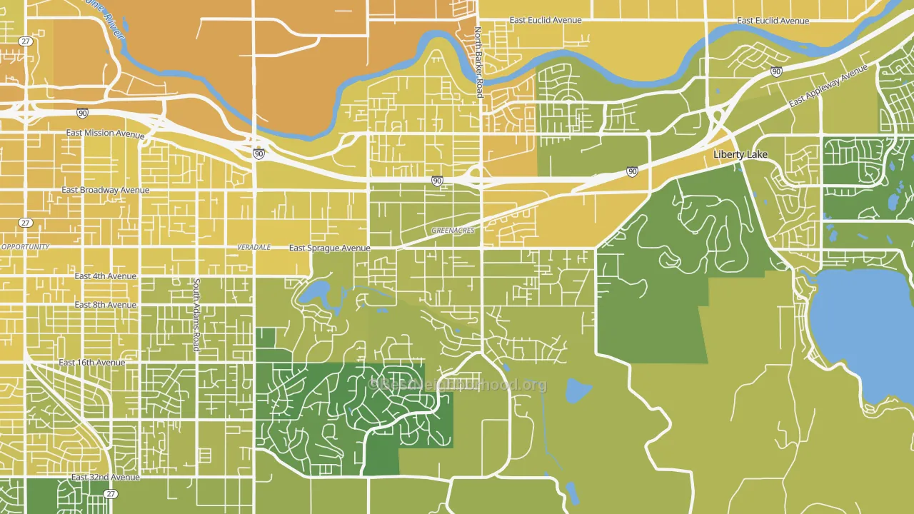Map of the best neighborhoods in the 99016 area, with better matches in green and worse matches in red