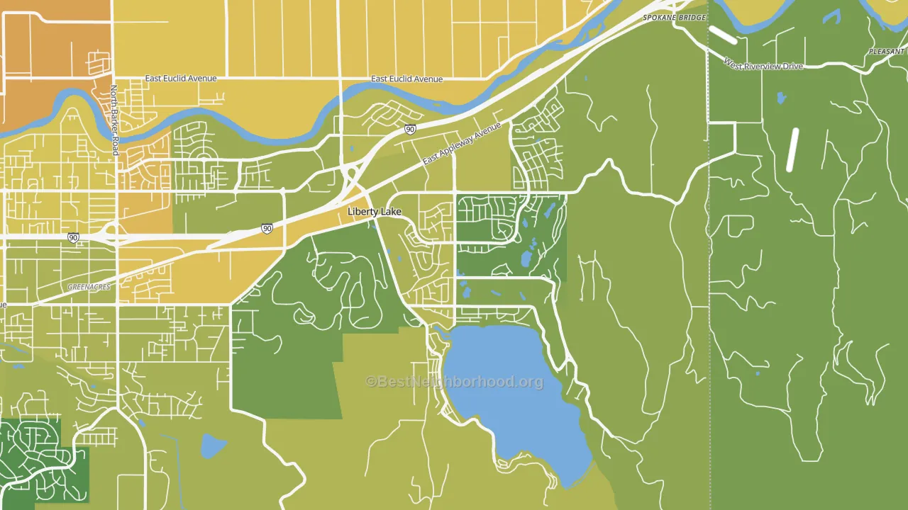 Map of the best neighborhoods in the 99019 area, with better matches in green and worse matches in red