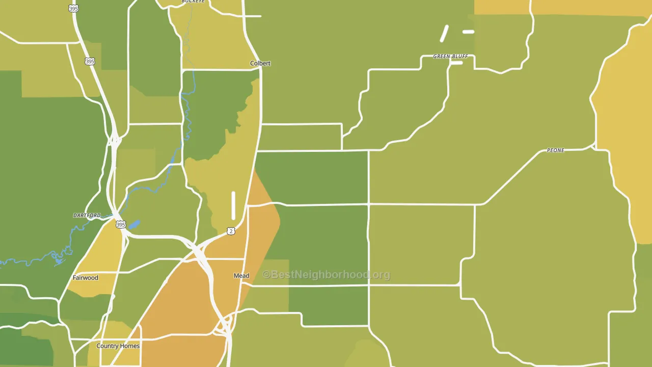 Map of the best neighborhoods in the 99021 area, with better matches in green and worse matches in red