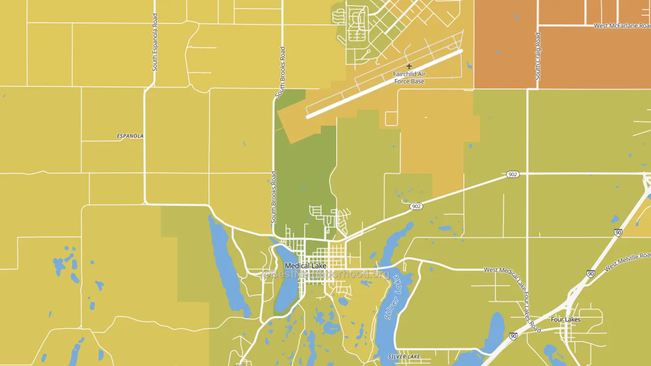 Map of the best neighborhoods in the 99022 area, with better matches in green and worse matches in red