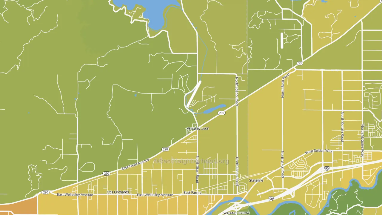 Map of the best neighborhoods in the 99025 area, with better matches in green and worse matches in red