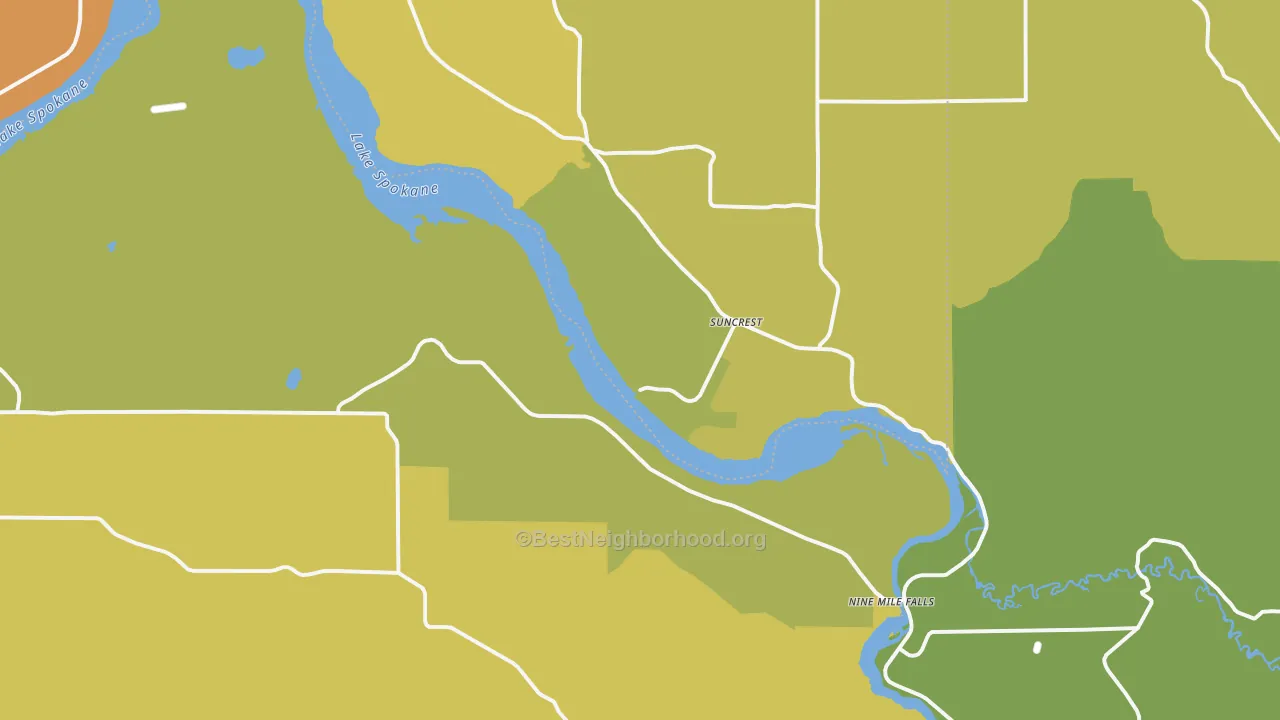 Map of the best neighborhoods in the 99026 area, with better matches in green and worse matches in red