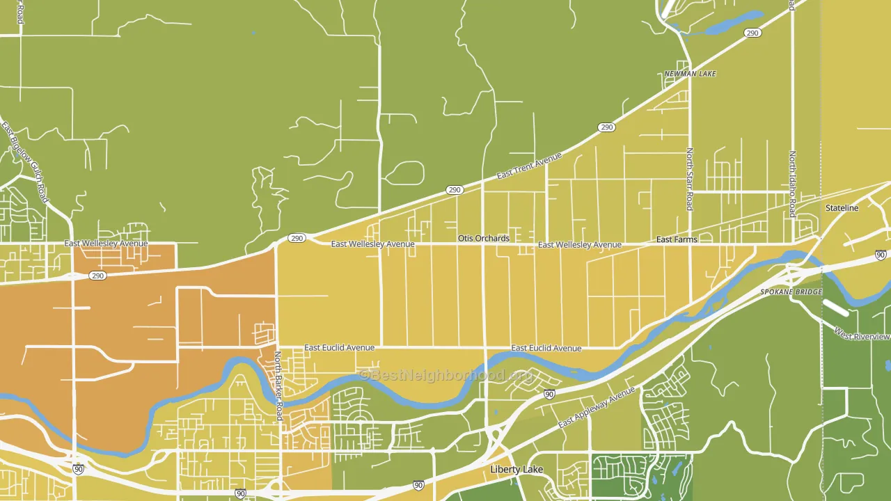 Map of the best neighborhoods in the 99027 area, with better matches in green and worse matches in red