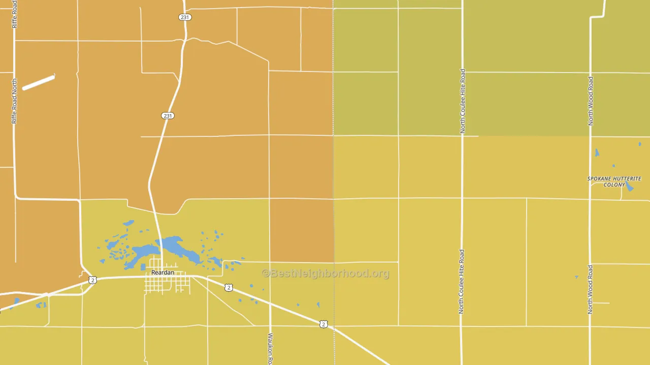 Map of the best neighborhoods in the 99029 area, with better matches in green and worse matches in red