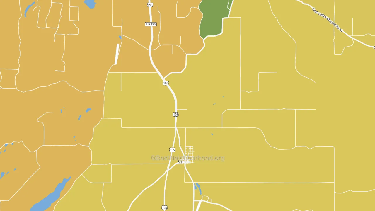 Map of the best neighborhoods in the 99031 area, with better matches in green and worse matches in red