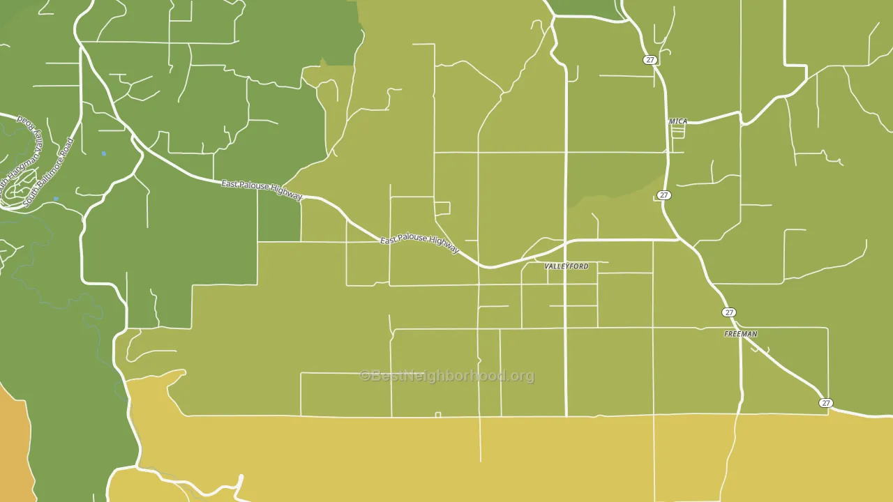 Map of the best neighborhoods in the 99036 area, with better matches in green and worse matches in red