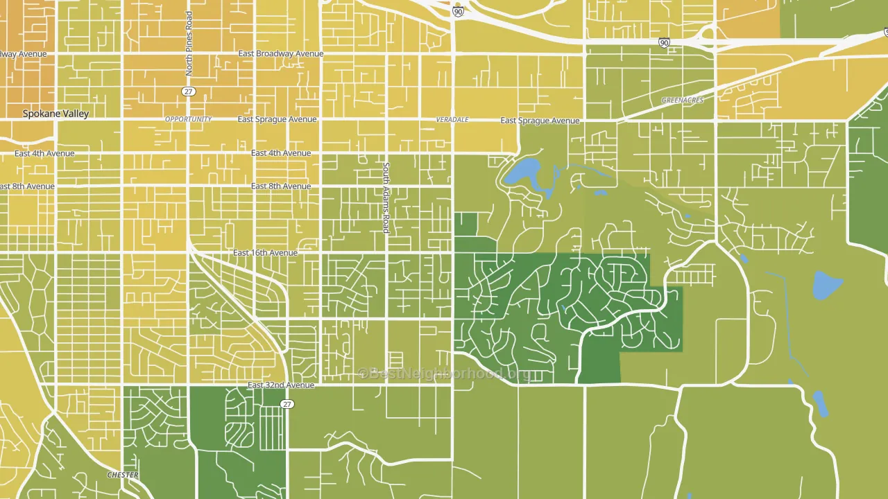 Map of the best neighborhoods in the 99037 area, with better matches in green and worse matches in red