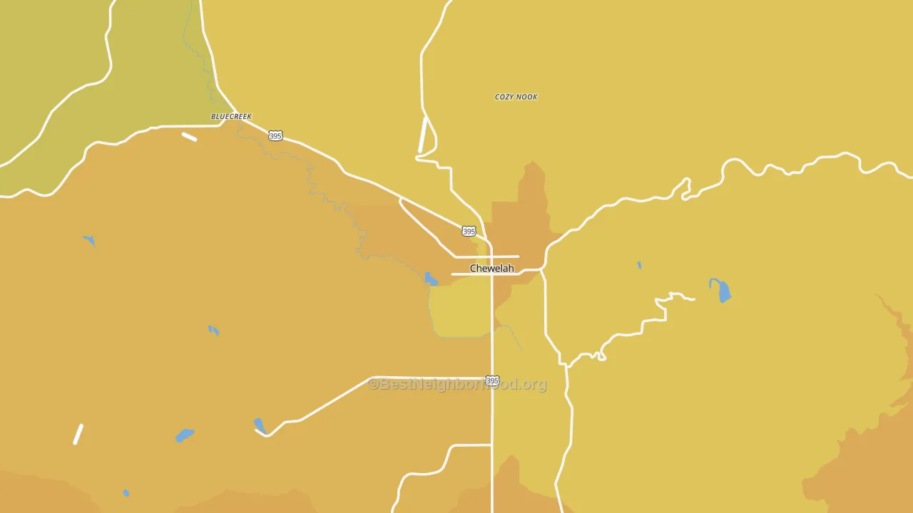 Map of the best neighborhoods in the 99109 area, with better matches in green and worse matches in red