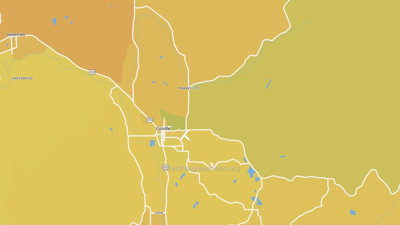 Map of the best neighborhoods in the 99114 area, with better matches in green and worse matches in red