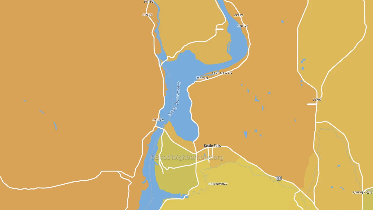 Map of the best neighborhoods in the 99141 area, with better matches in green and worse matches in red
