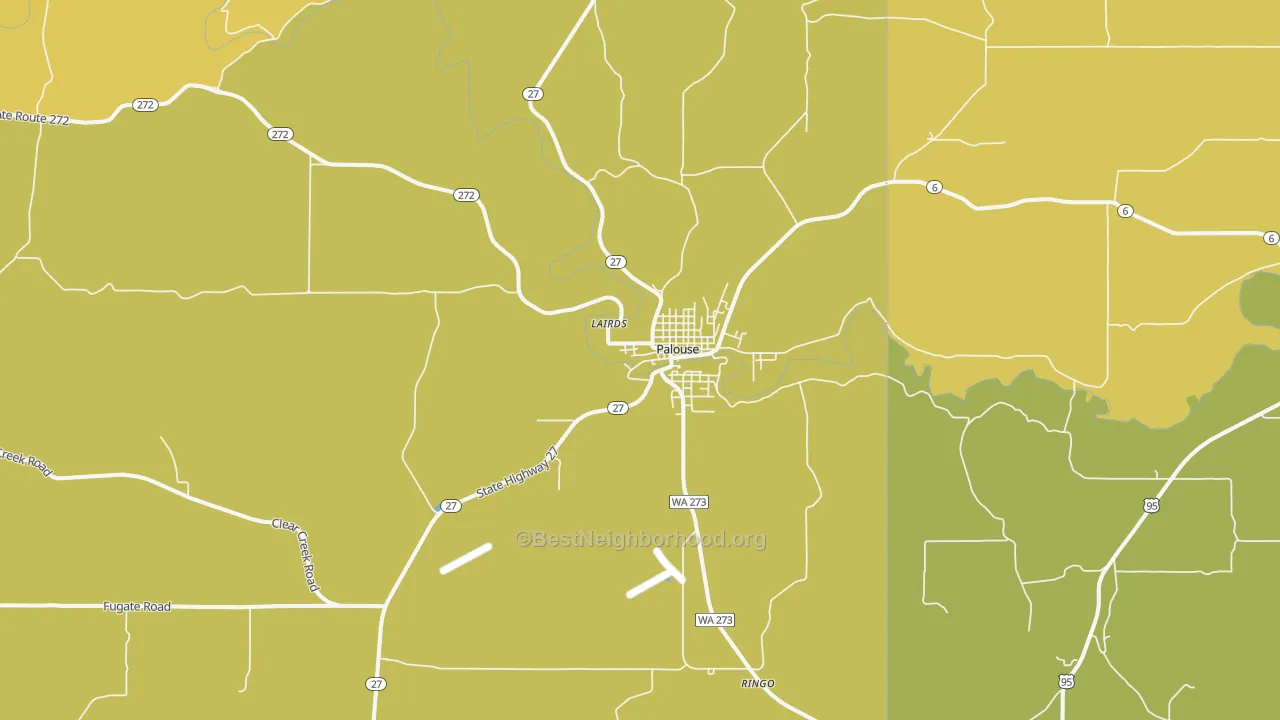 Map of the best neighborhoods in the 99161 area, with better matches in green and worse matches in red