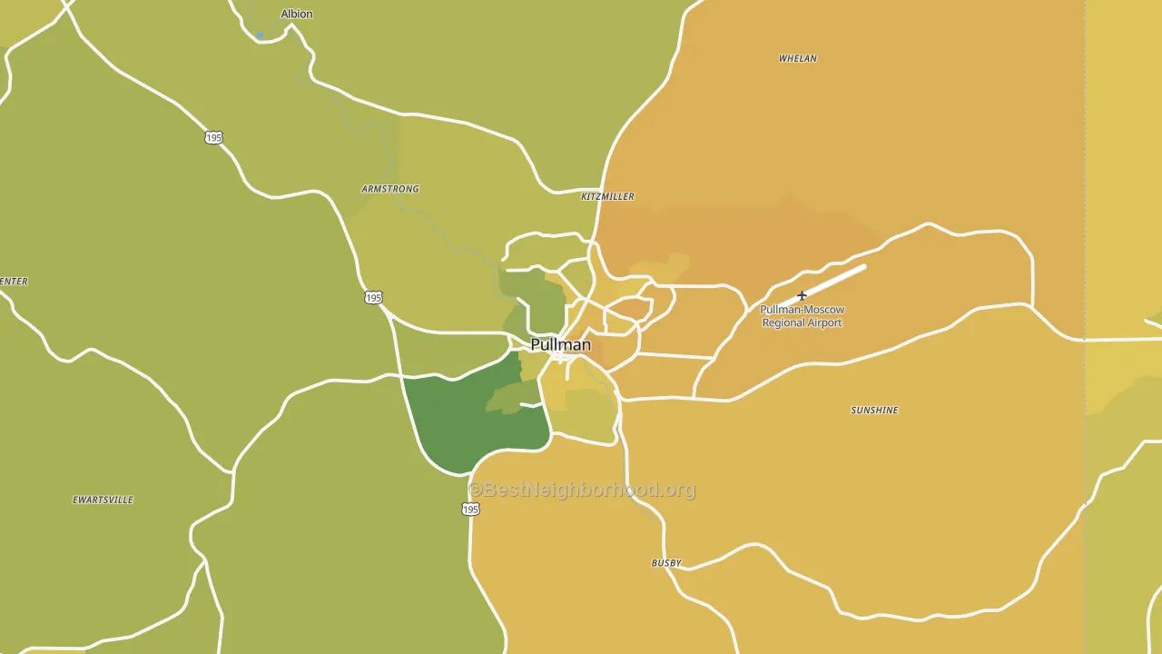 Map of the best neighborhoods in the 99163 area, with better matches in green and worse matches in red