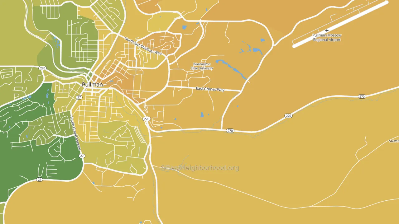 Map of the best neighborhoods in the 99164 area, with better matches in green and worse matches in red