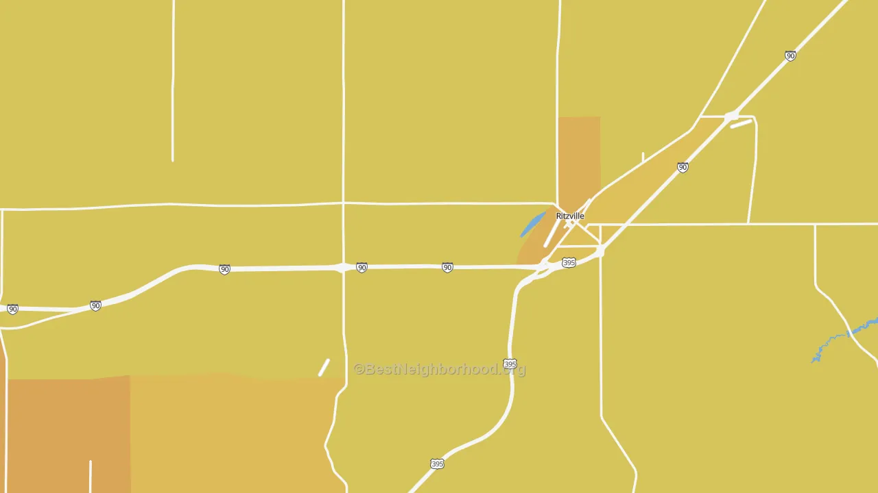 Map of the best neighborhoods in the 99169 area, with better matches in green and worse matches in red