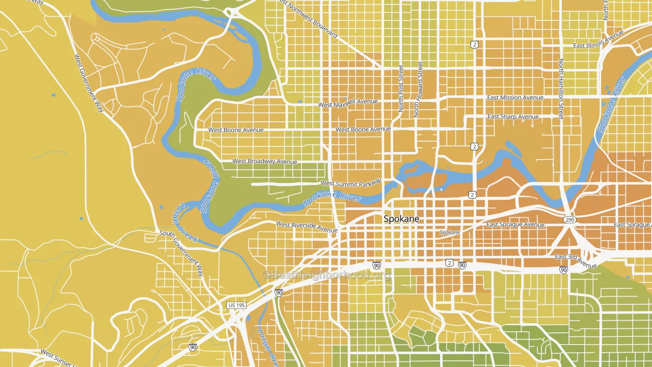 Map of the best neighborhoods in the 99201 area, with better matches in green and worse matches in red