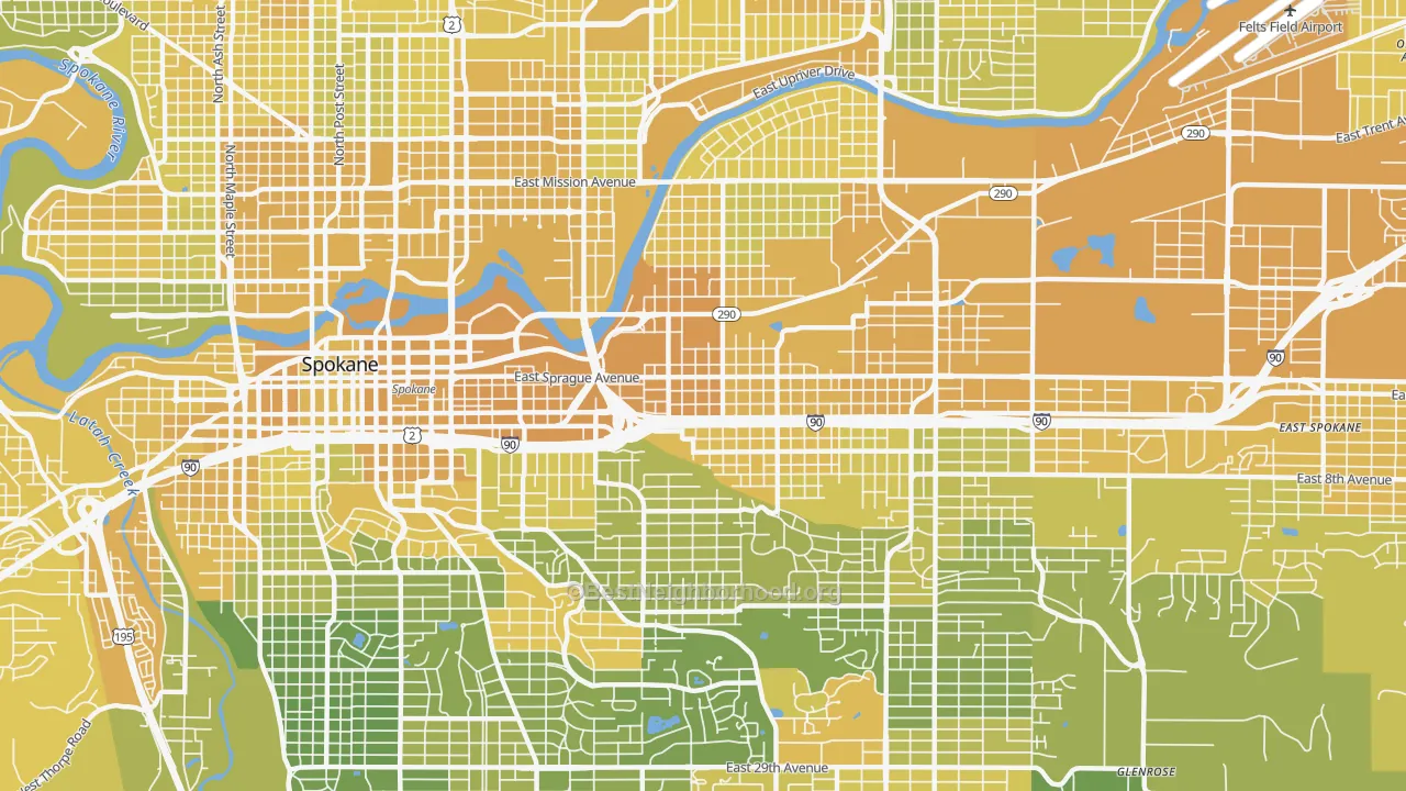 Map of the best neighborhoods in the 99202 area, with better matches in green and worse matches in red