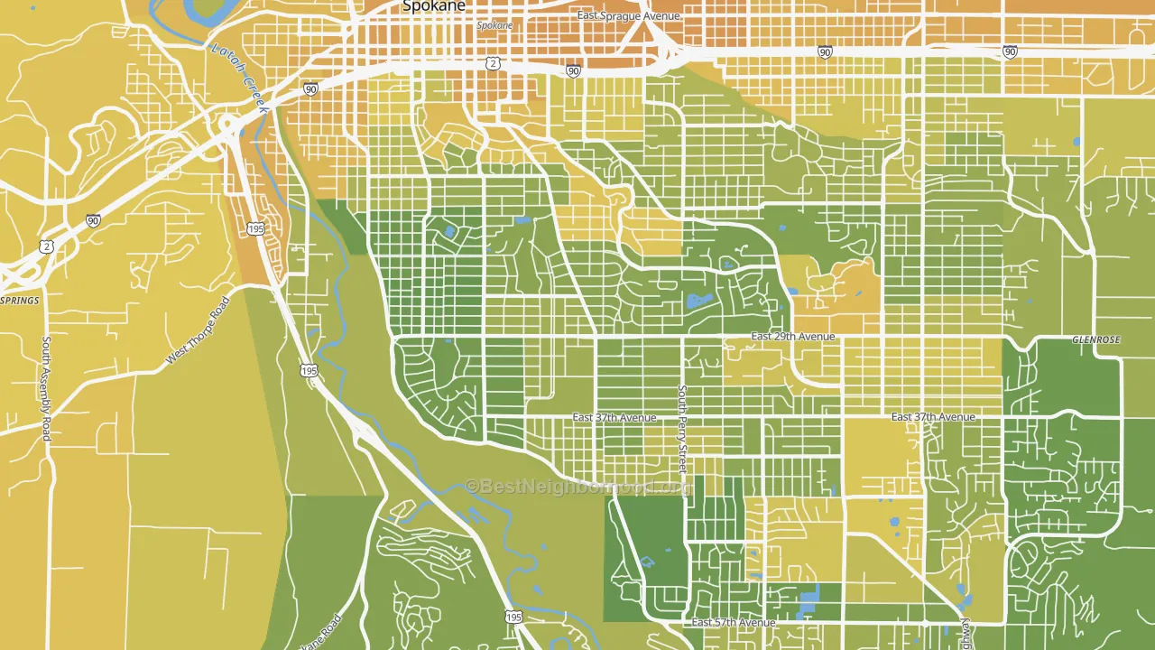 Map of the best neighborhoods in the 99203 area, with better matches in green and worse matches in red