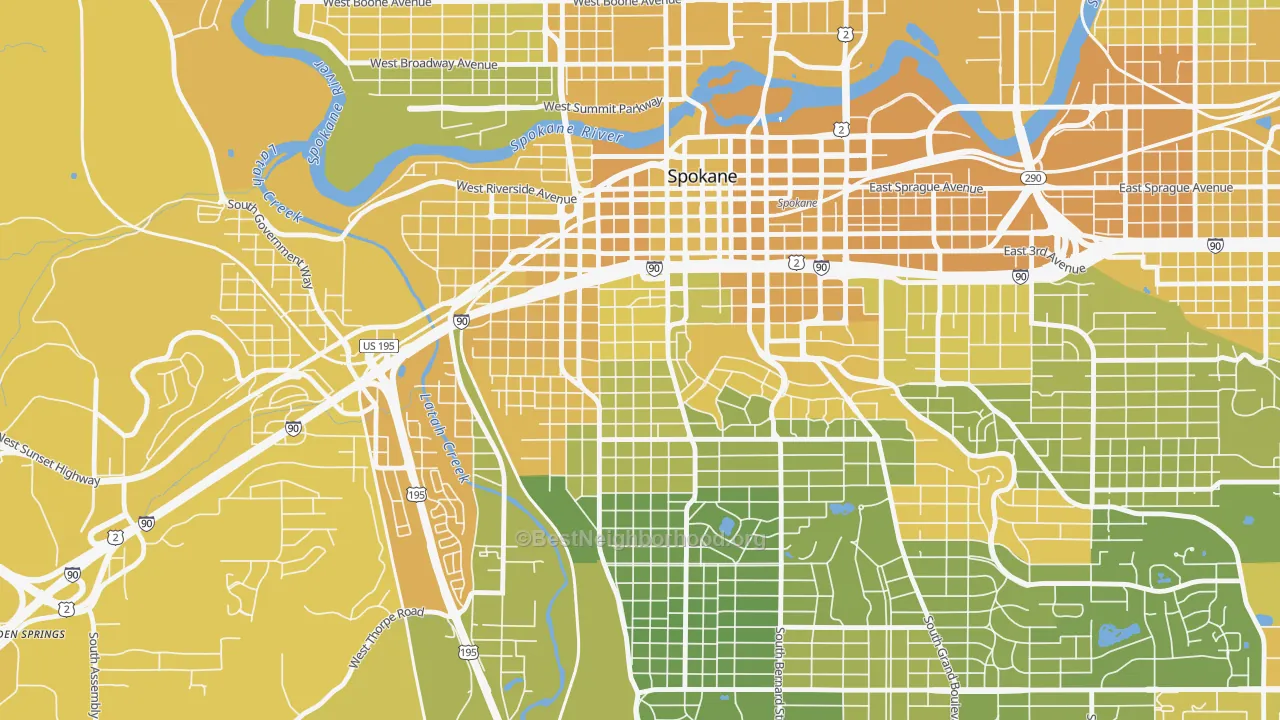 Map of the best neighborhoods in the 99204 area, with better matches in green and worse matches in red