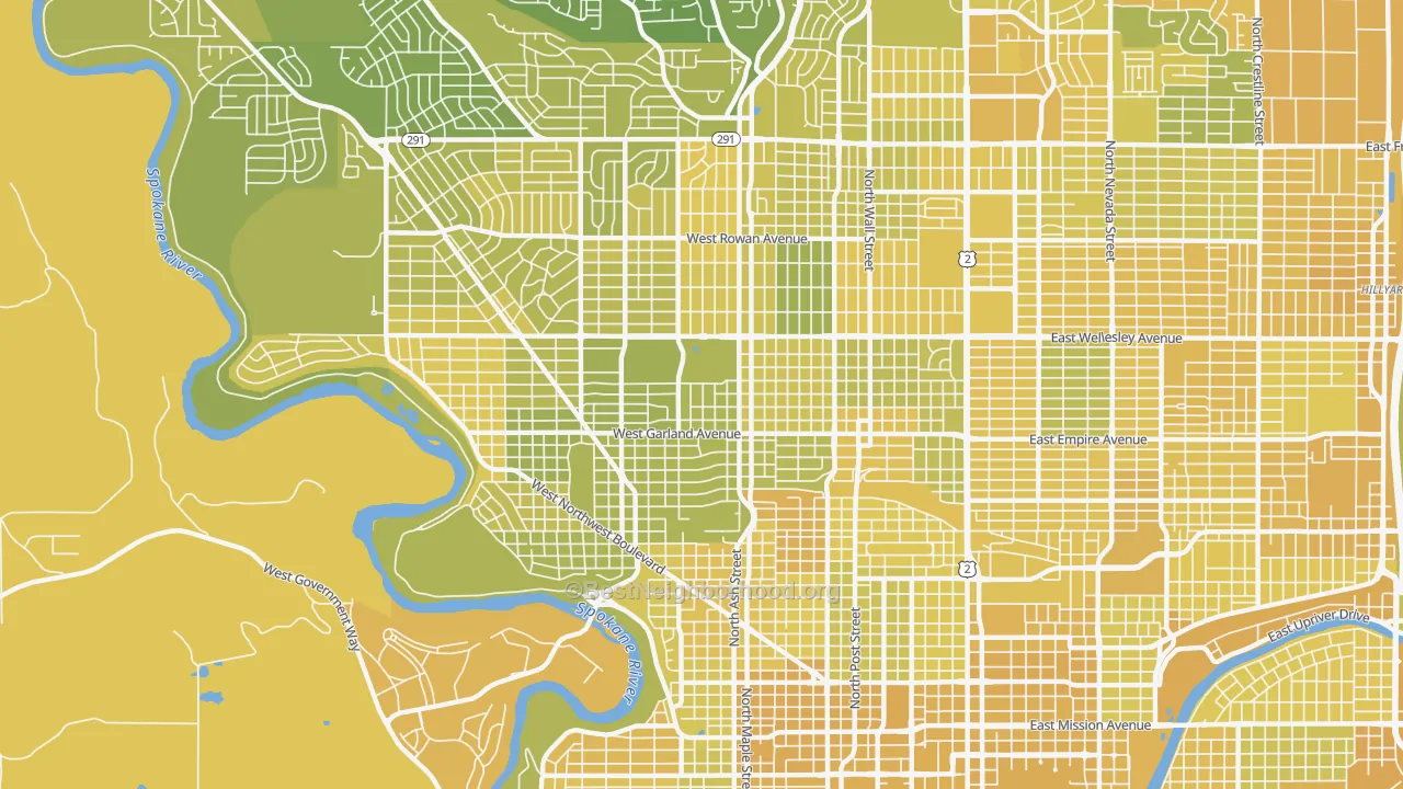 Map of the best neighborhoods in the 99205 area, with better matches in green and worse matches in red