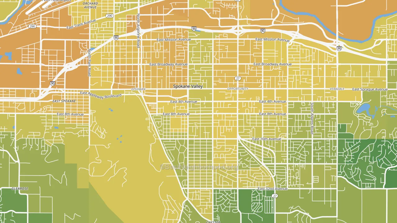 Map of the best neighborhoods in the 99206 area, with better matches in green and worse matches in red