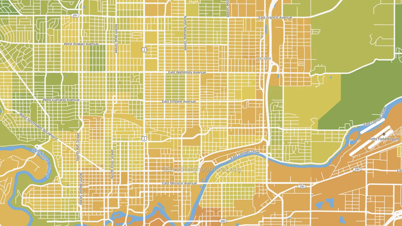 Map of the best neighborhoods in the 99207 area, with better matches in green and worse matches in red