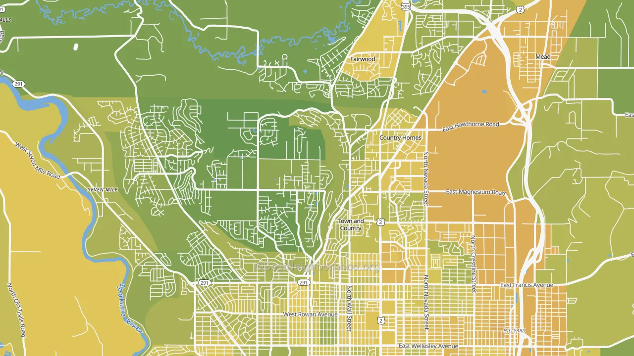 Map of the best neighborhoods in the 99208 area, with better matches in green and worse matches in red