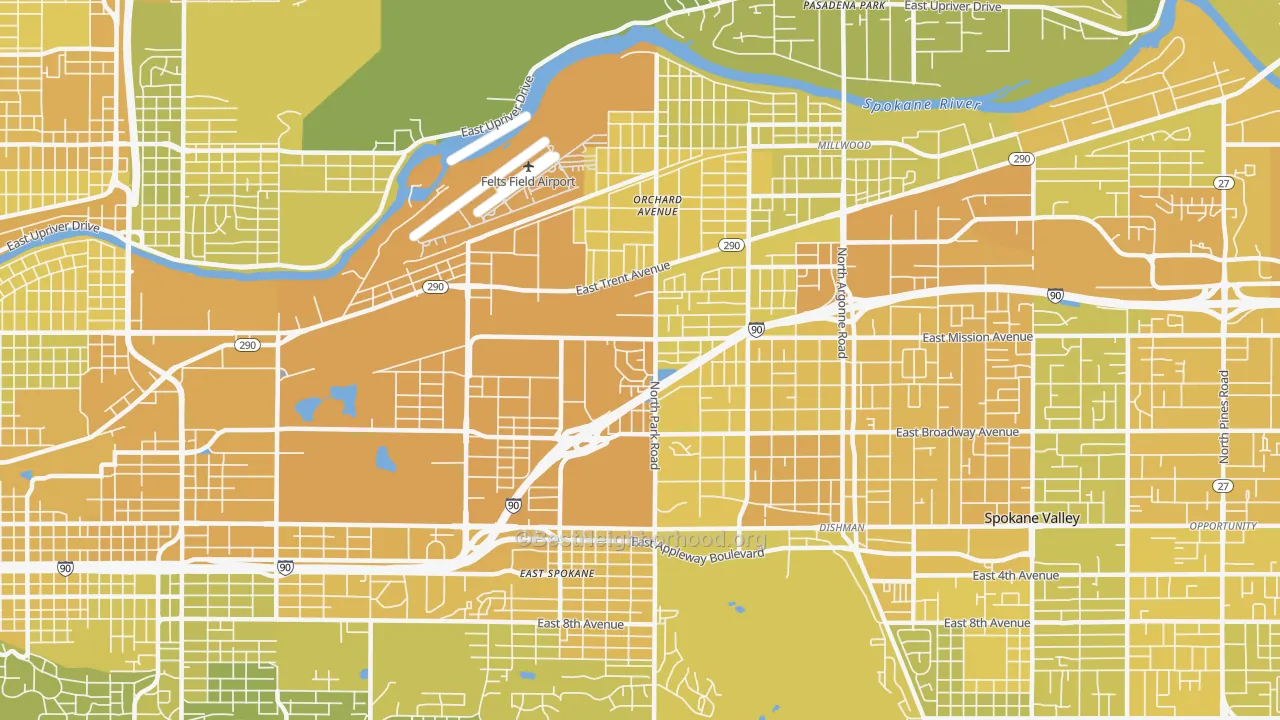 Map of the best neighborhoods in the 99212 area, with better matches in green and worse matches in red