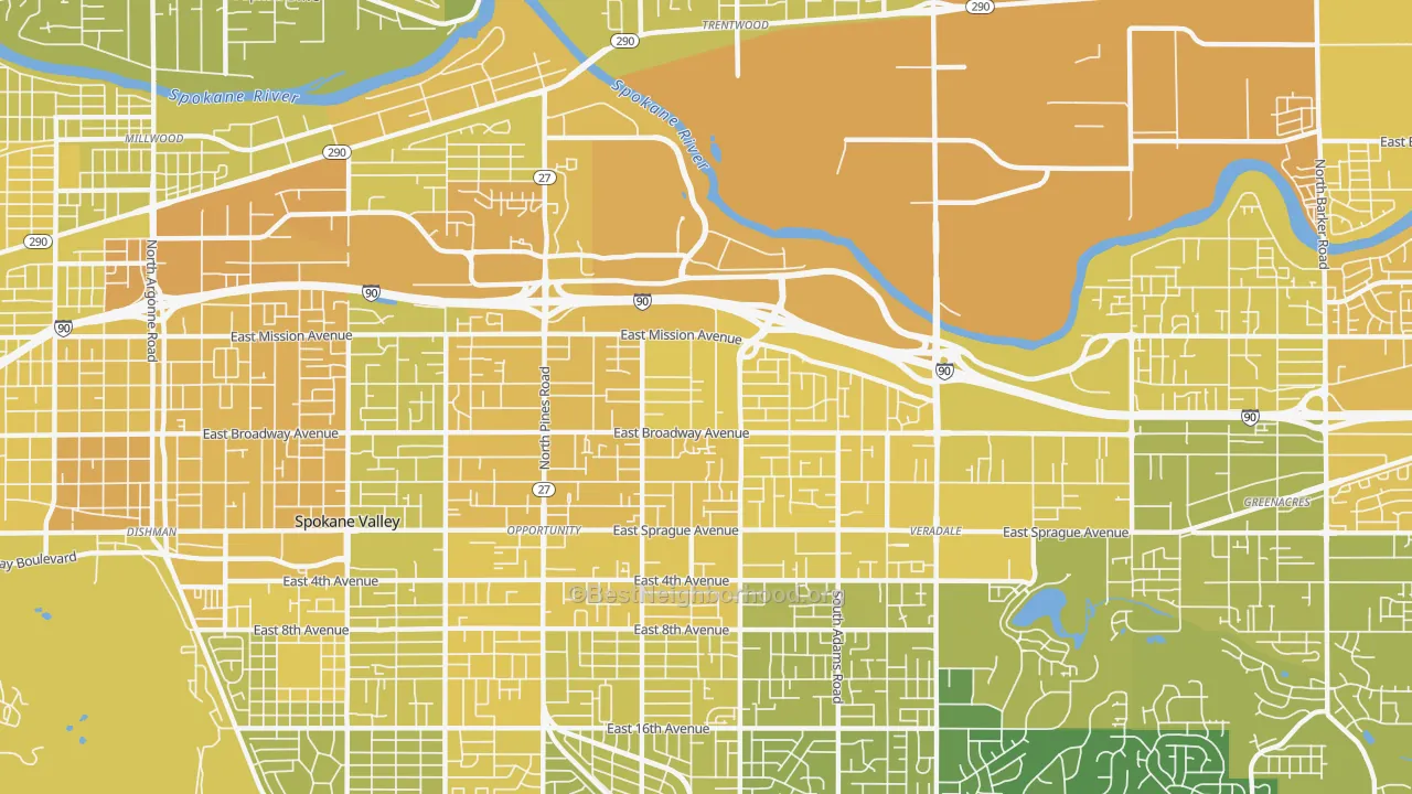 Map of the best neighborhoods in the 99216 area, with better matches in green and worse matches in red