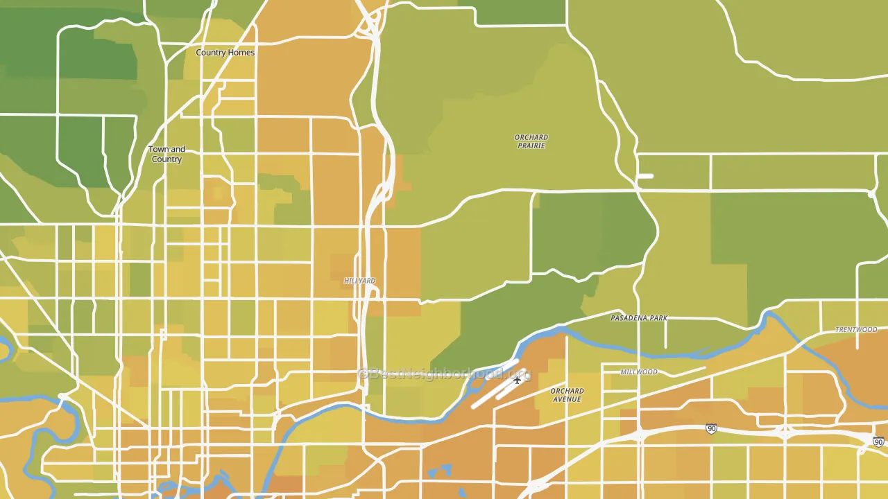 Map of the best neighborhoods in the 99217 area, with better matches in green and worse matches in red