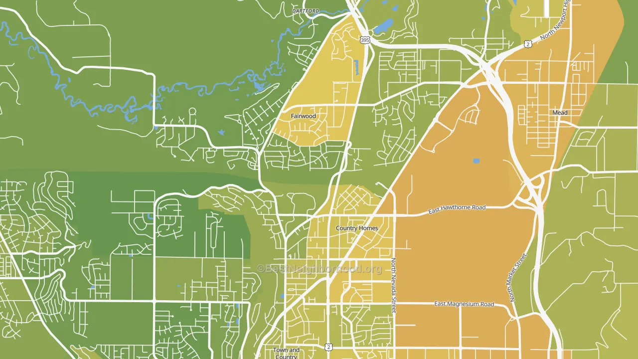 Map of the best neighborhoods in the 99218 area, with better matches in green and worse matches in red