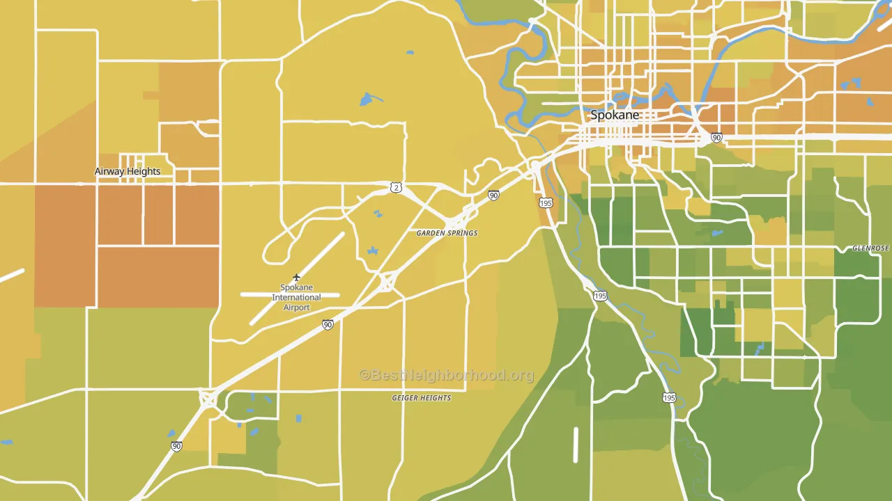 Map of the best neighborhoods in the 99224 area, with better matches in green and worse matches in red