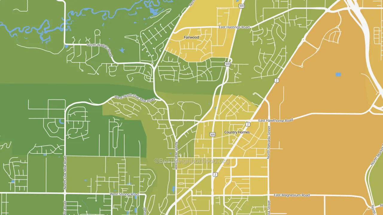 Map of the best neighborhoods in the 99251 area, with better matches in green and worse matches in red