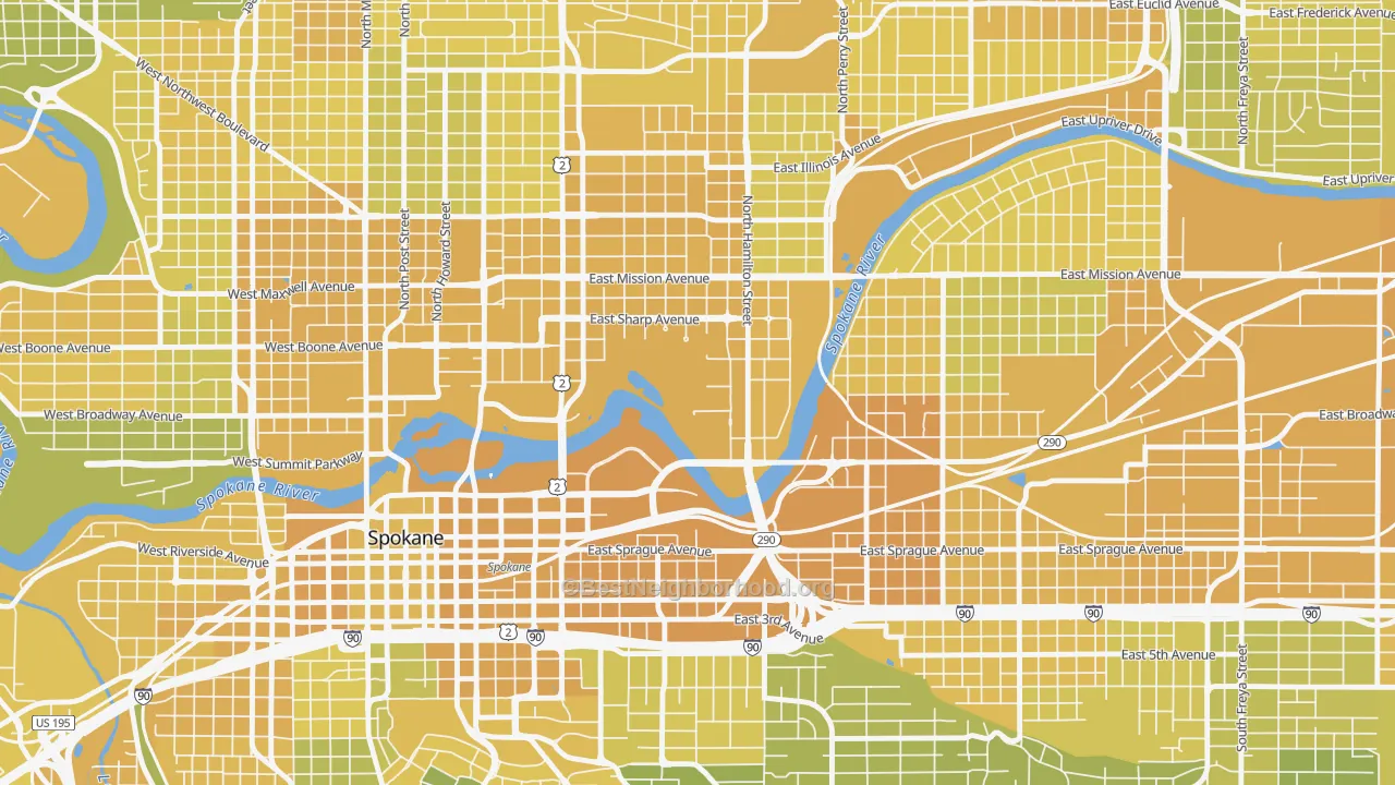 Map of the best neighborhoods in the 99258 area, with better matches in green and worse matches in red