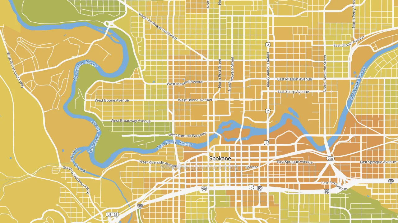 Map of the best neighborhoods in the 99260 area, with better matches in green and worse matches in red