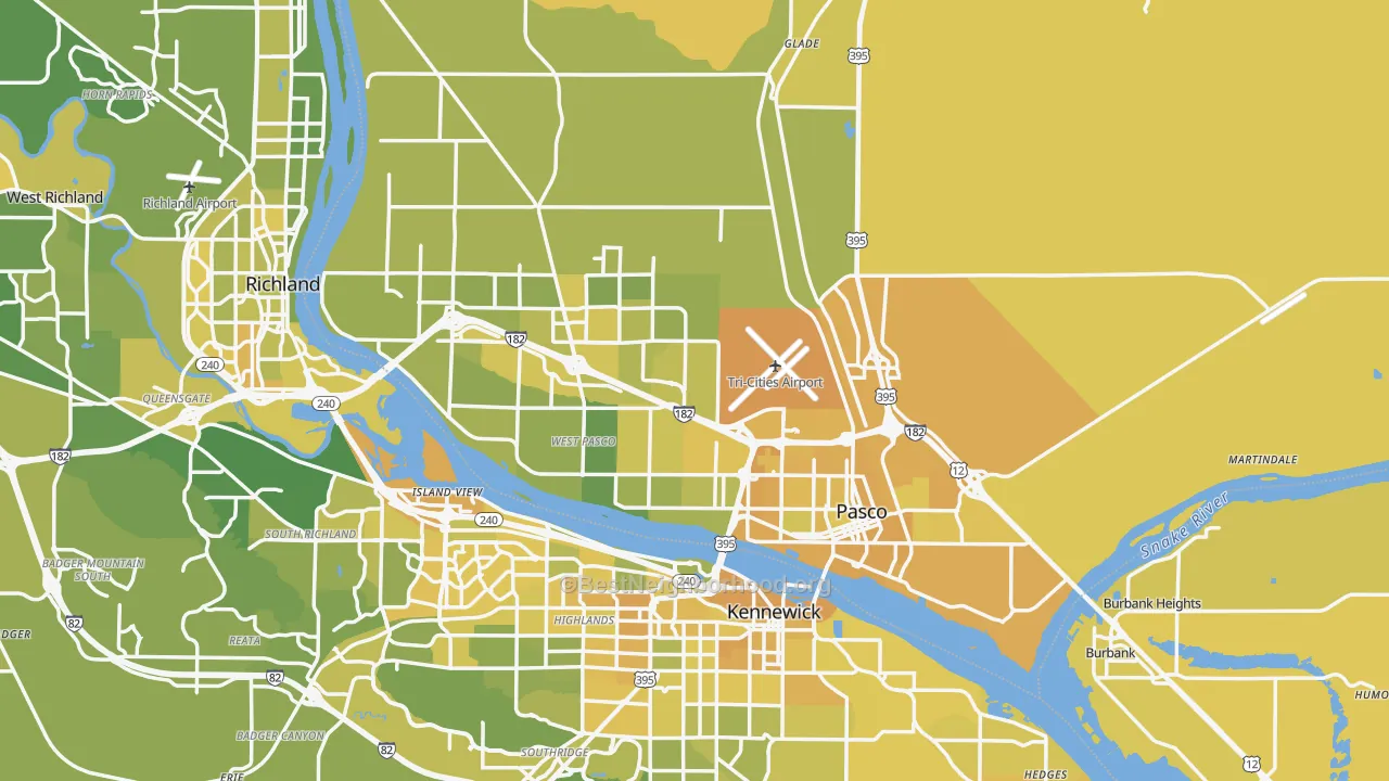 Map of the best neighborhoods in the 99301 area, with better matches in green and worse matches in red